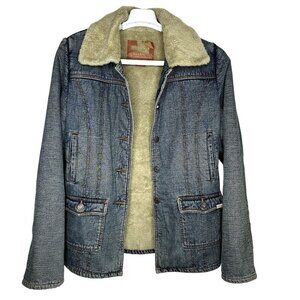 Guess Womens Y2K Vintage Sherpa Lined Denim Jacket Size M Distressed Denim